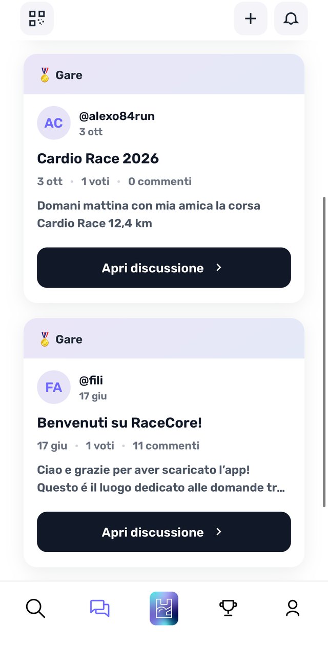 Schermata RaceCore: discussioni della community sulle gare